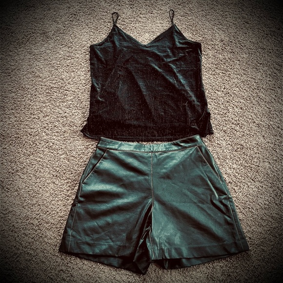 Halogen Pants - Halogen Black Outfit Set Velvet Cami Faux Leather Shorts High Rise Size L Large